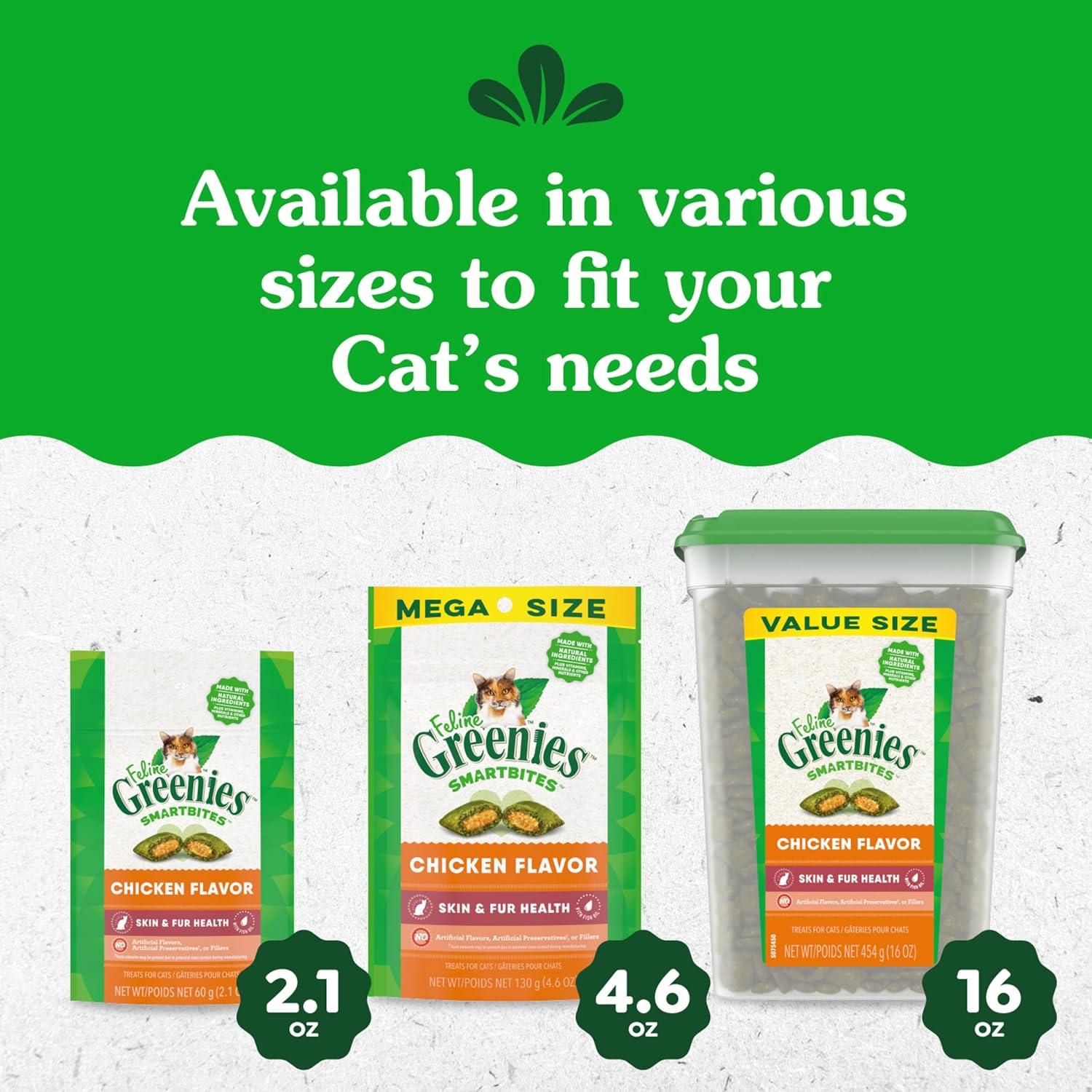 imageGreenies Feline Smartbites Skin ampamp Fur Health Crunchy and Soft Cat Treats Chicken Flavor 16 oz TubChicken