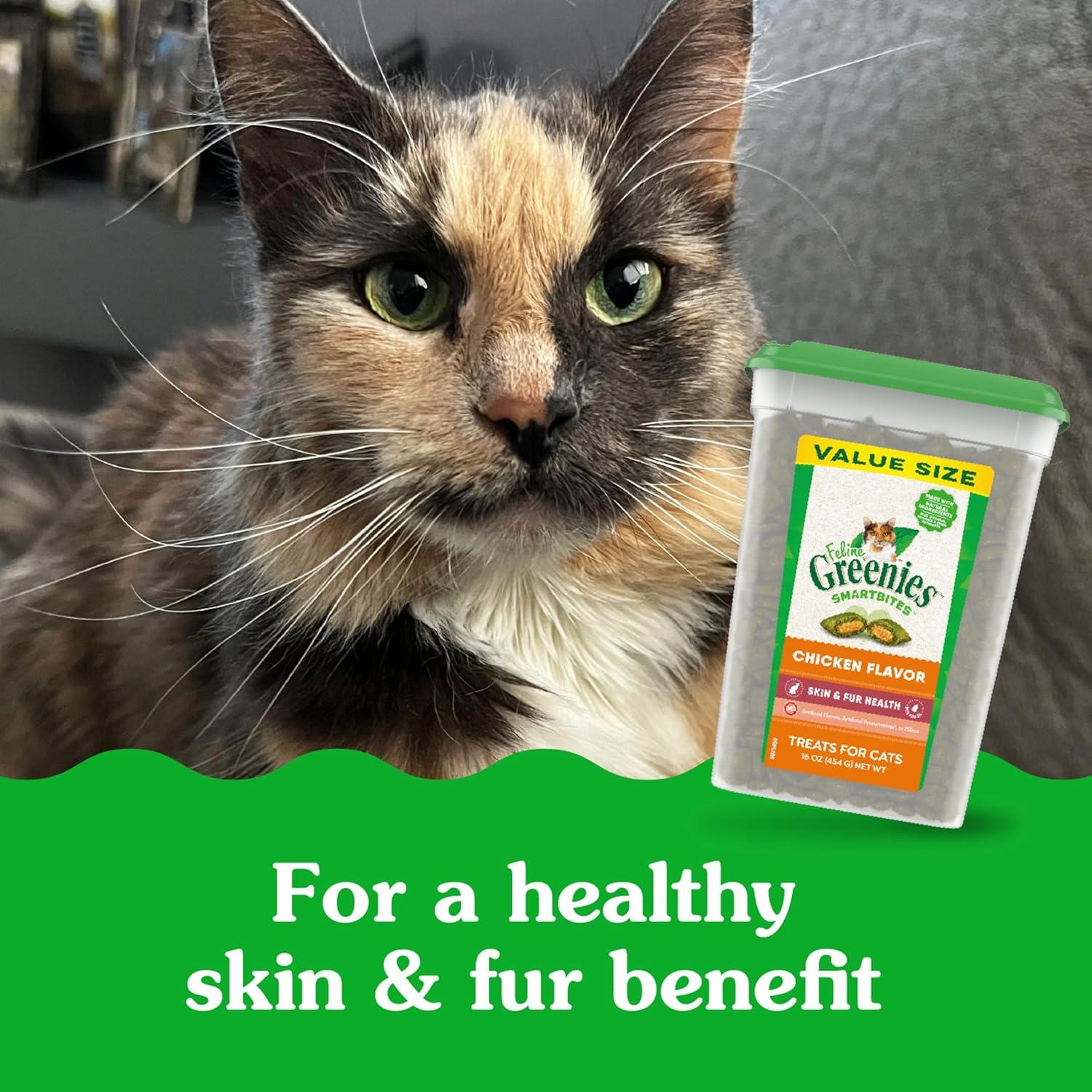 imageGreenies Feline Smartbites Skin ampamp Fur Health Crunchy and Soft Cat Treats Chicken Flavor 16 oz TubChicken