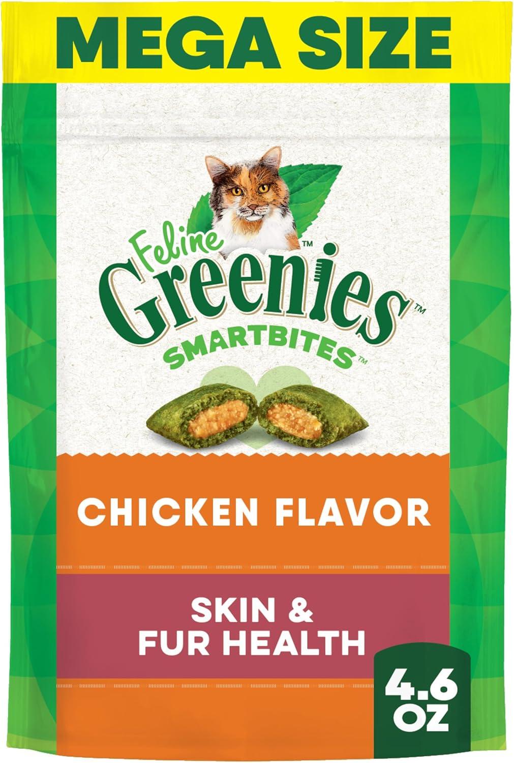 imageGreenies Feline Smartbites Skin ampamp Fur Health Crunchy and Soft Cat Treats Chicken Flavor 16 oz TubChicken