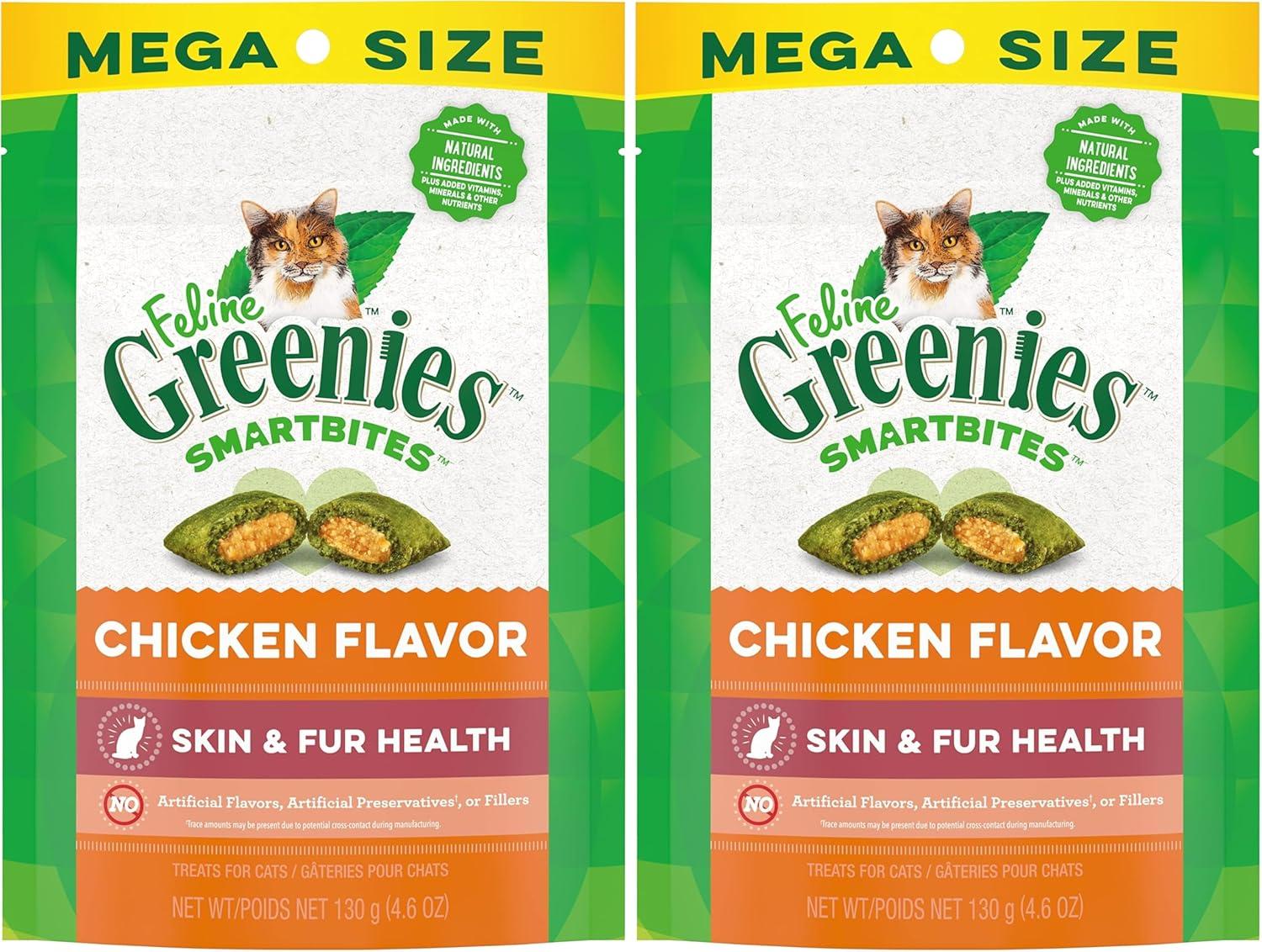 imageGreenies Feline Smartbites Skin ampamp Fur Health Crunchy and Soft Cat Treats Chicken Flavor 16 oz TubChicken