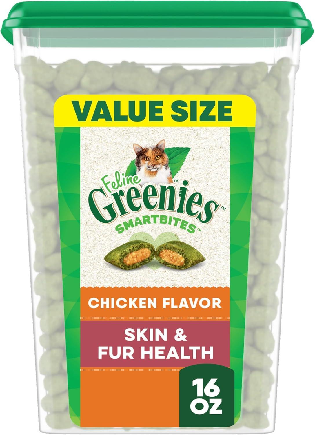 imageGreenies Feline Smartbites Skin ampamp Fur Health Crunchy and Soft Cat Treats Chicken Flavor 16 oz TubChicken