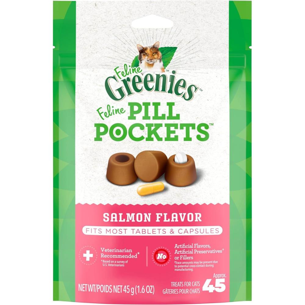 imageGreenies Feline Pill Pockets for Cats Natural Soft Cat Treats Salmon Flavor 16 oz Pouch 45 Treats