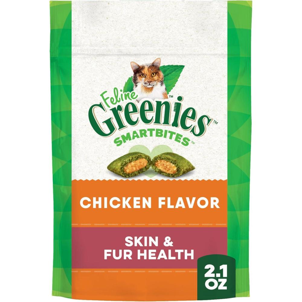 imageGreenies Feline Smartbites Skin ampamp Fur Health Crunchy and Soft Cat Treats Chicken Flavor 16 oz TubChicken