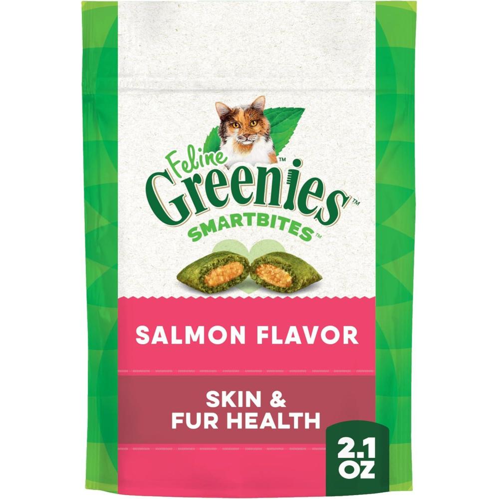 imageGreenies Feline Smartbites Skin ampamp Fur Health Crunchy and Soft Cat Treats Chicken Flavor 16 oz TubSalmon