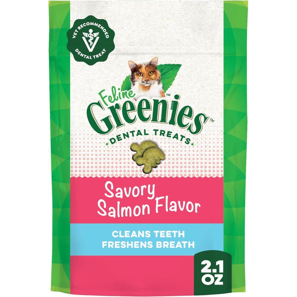 imageGreenies Feline VeterinarianRecommended Adult Natural Dental Cat Treats Savory Salmon Flavor 21 oz TubSalmon