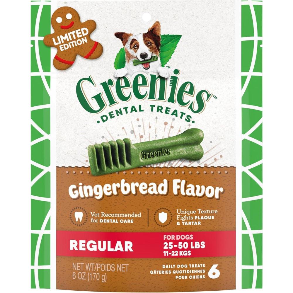 imageGreenies Gingerbread Flavor Regular Size VeterinarianRecommended for Dental Care Dog Treat Chews Great Holiday Dog Stocking Stuffers Limited Edition 6 oz Pouch 6 TreatsGingerbread