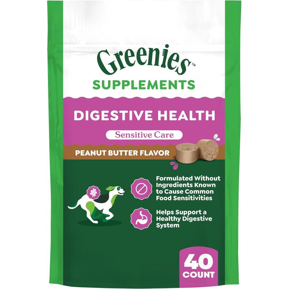 imageGreenies Sensitive Care Digestive Health Dog Supplement ChickenFree Formula with a Probiotic for Dogs Peanut Butter Flavor 80 Count TubPeanut Butter