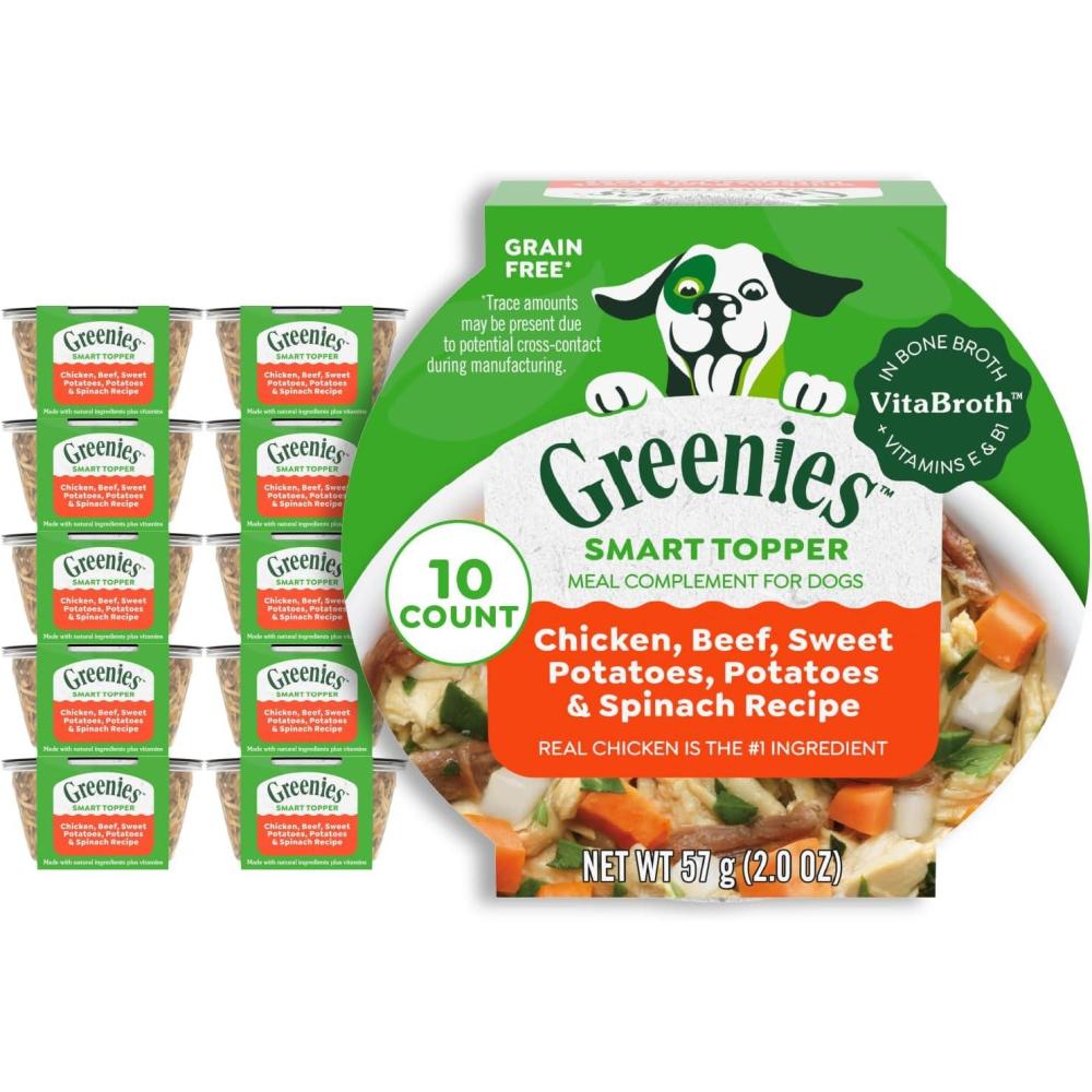 imageGreenies Smart Topper High Protein Wet Mixin for Dogs Beef Peas ampamp Carrots Recipe in Vitabroth Broth  Bone Broth  Vitamins E ampamp B1 10 CountChicken  Beef