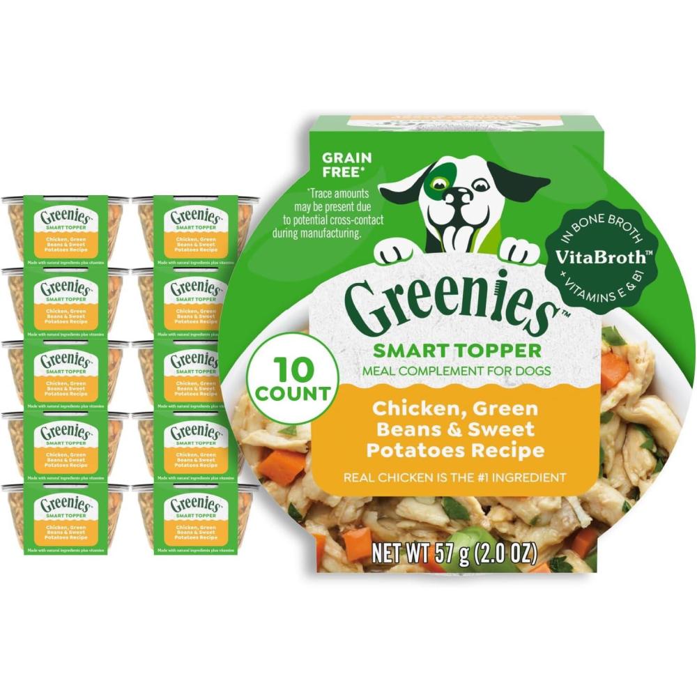 imageGreenies Smart Topper High Protein Wet Mixin for Dogs Beef Peas ampamp Carrots Recipe in Vitabroth Broth  Bone Broth  Vitamins E ampamp B1 10 CountChicken  Green Beans   Sweet Potato