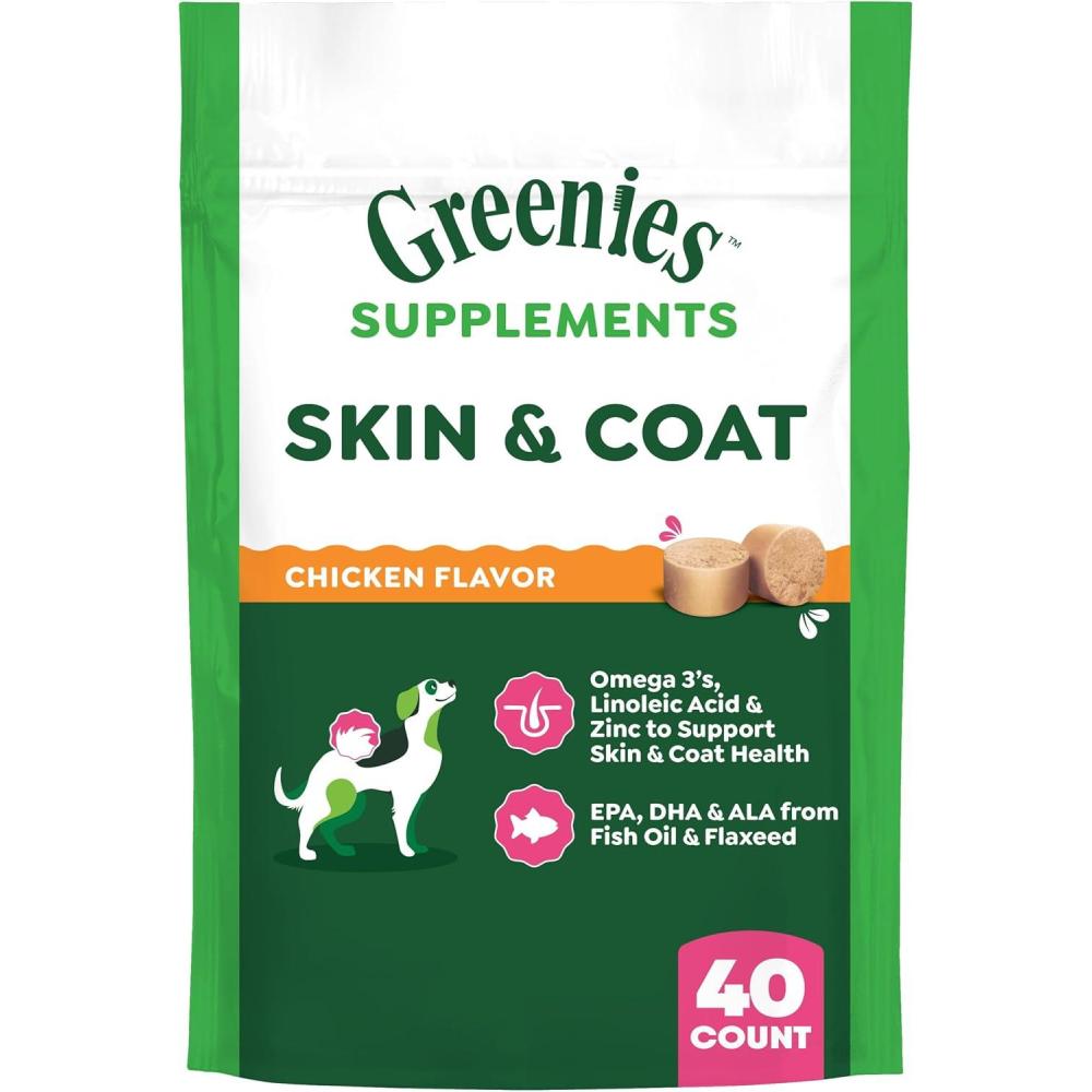 imageGreenies Supplements Dog Skin and Coat Supplements with Fish Oil ampamp Omega 3 Fatty Acids Chicken Flavor 147 oz 80CountChicken
