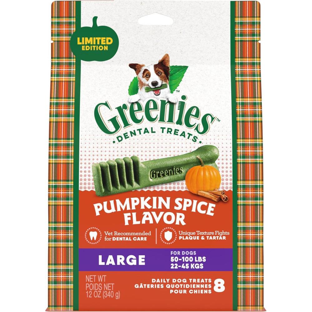 imageGreenies VeterinarianRecommended Adult Natural Dental Dog Treats Large Size Fresh Flavor Original Flavor and Blueberry Flavor 3 12 oz Packs 24 CountPumpkin Spice