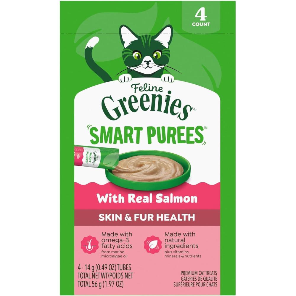 imageGreenies Feline Smart Purees Skin ampamp Fur Health Lickable Cat Treats with Real Salmon 049 oz Tubes 4 Count Pack of 11
