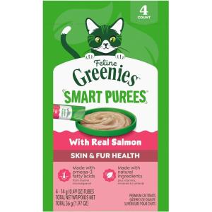 Greenies Feline Smart Purees Skin & Fur Health Lickable Cat Treats with Real Salmon, 0.49 oz. Tubes, 4 Count (Pack of 11)
