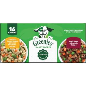 Greenies Smart Topper Wet Dog Food Complement Variety Pack, Chicken Green Beans & Sweet Potatoes Recipe and Beef Peas & Carrots Recipe Variety Pack, 16 Count