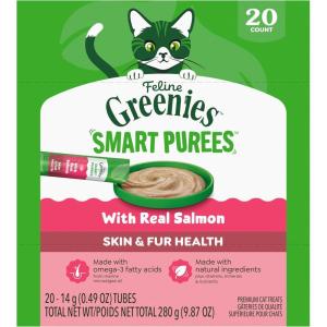 Greenies Feline Smart Purees Skin & Fur Health Lickable Cat Treats with Real Salmon, 0.49 oz. Tubes, 20 Count