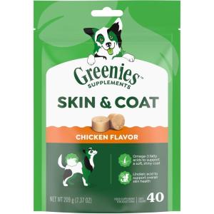 Greenies Supplements Dog Skin and Coat Supplement with Fish Oil for Dogs & Omega 3 Fatty Acids, Chicken Flavor Soft Chews, 7.37 oz. Pouch, 40 Count