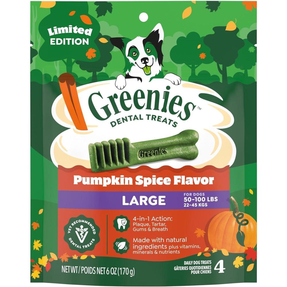 imageGreenies VeterinarianRecommended LimitedEdition Natural Dental Dog Treats Large Size Pumpkin Spice Flavor 6 oz Pack 4 Count