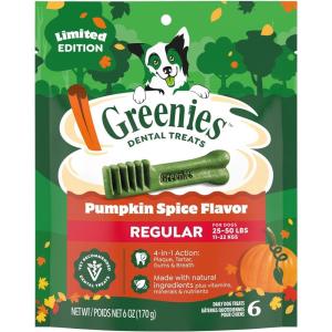 Greenies Veterinarian-Recommended, Limited-Edition Natural Dental Dog Treats Regular Size, Pumpkin Spice Flavor, 6 oz. Pack, 6 Count