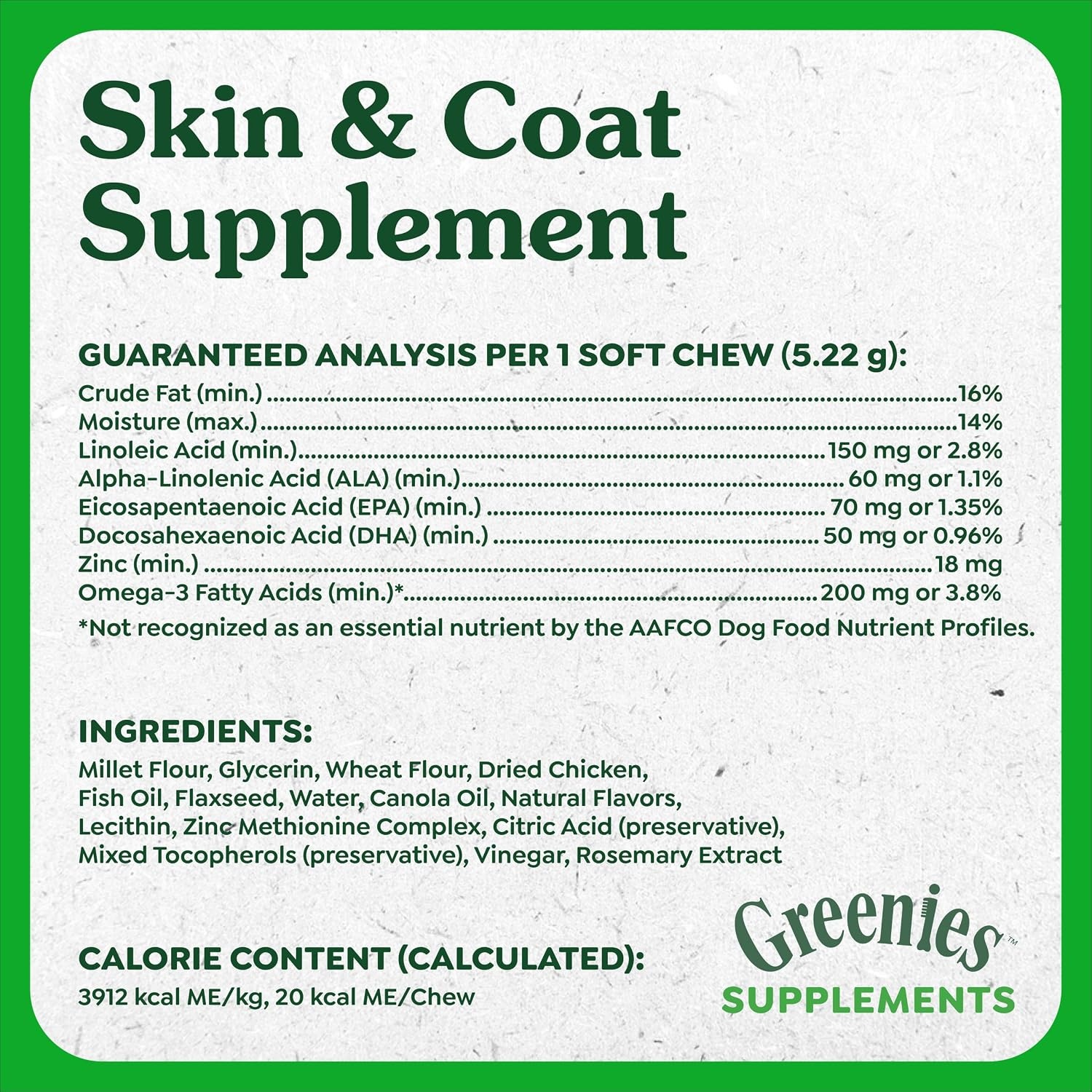 image:imageGreenies Supplements Dog Skin and Coat Supplement with Fish Oil for Dogs amp Omega 3 Fatty Acids Chicken Flavor Soft Chews 147 oz Tub 80 Count