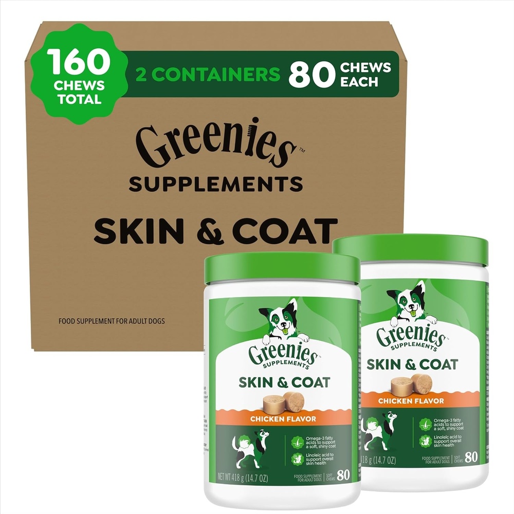 image:imageGreenies Supplements Dog Skin and Coat Supplement with Fish Oil for Dogs amp Omega 3 Fatty Acids Chicken Flavor Soft Chews 147 oz Tub 80 Count Pack of 2