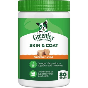 Greenies Supplements Dog Skin and Coat Supplement with Fish Oil for Dogs & Omega 3 Fatty Acids, Chicken Flavor Soft Chews, 14.7 oz. Tub, 80 Count