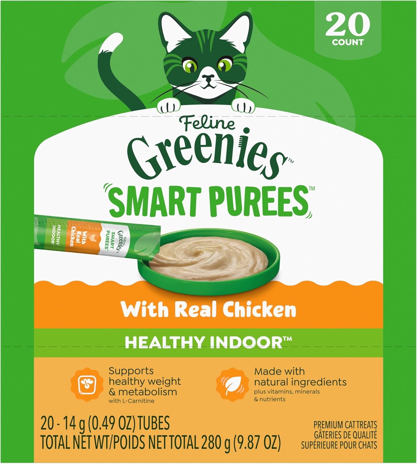 image:imageGreenies Feline Smart Purees Healthy Indoor and Skin amp Fur Health Lickable Cat Treats with Real Chicken with Real Salmon 049 oz Tubes 40 CountChicken