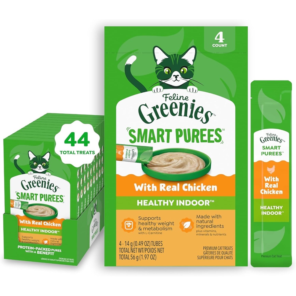 image:imageGreenies Feline Smart Purees Healthy Indoor and Skin amp Fur Health Lickable Cat Treats with Real Chicken with Real Salmon 049 oz Tubes 40 CountChicken