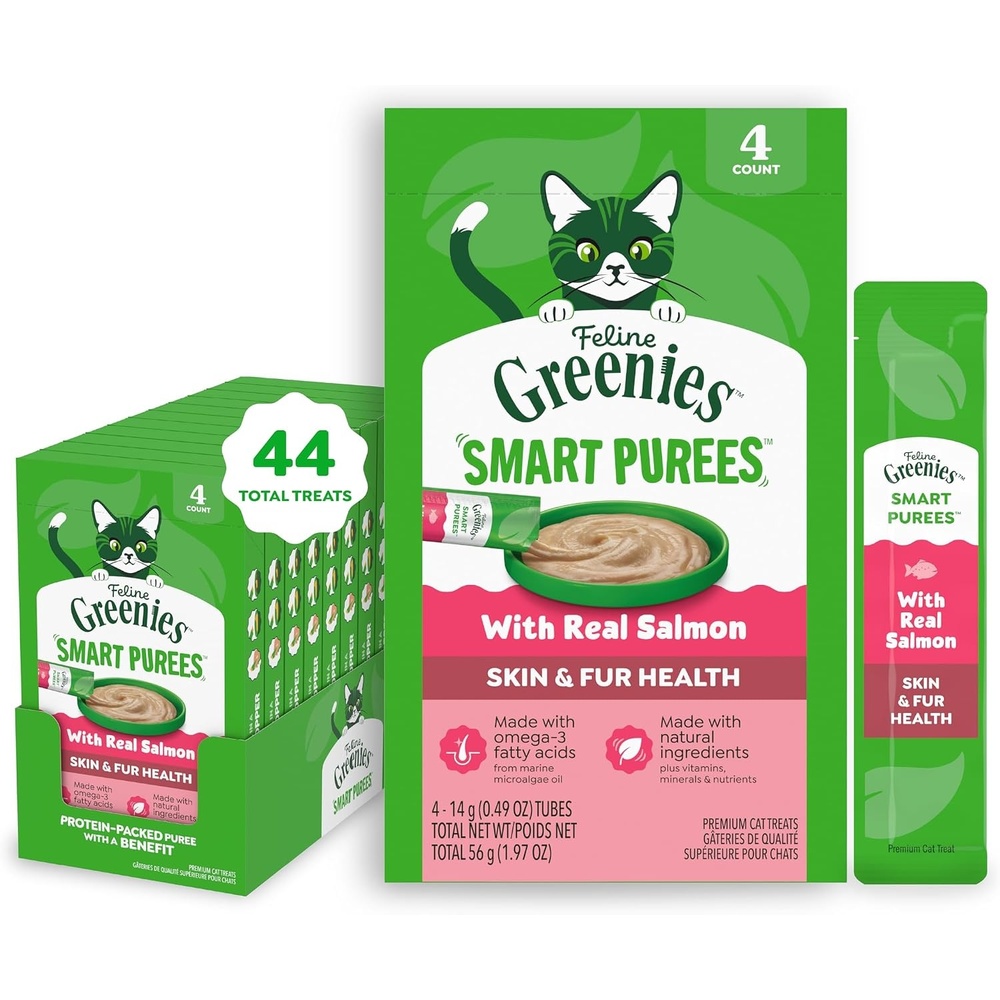 image:imageGreenies Feline Smart Purees Healthy Indoor and Skin amp Fur Health Lickable Cat Treats with Real Chicken with Real Salmon 049 oz Tubes 40 CountSalmon