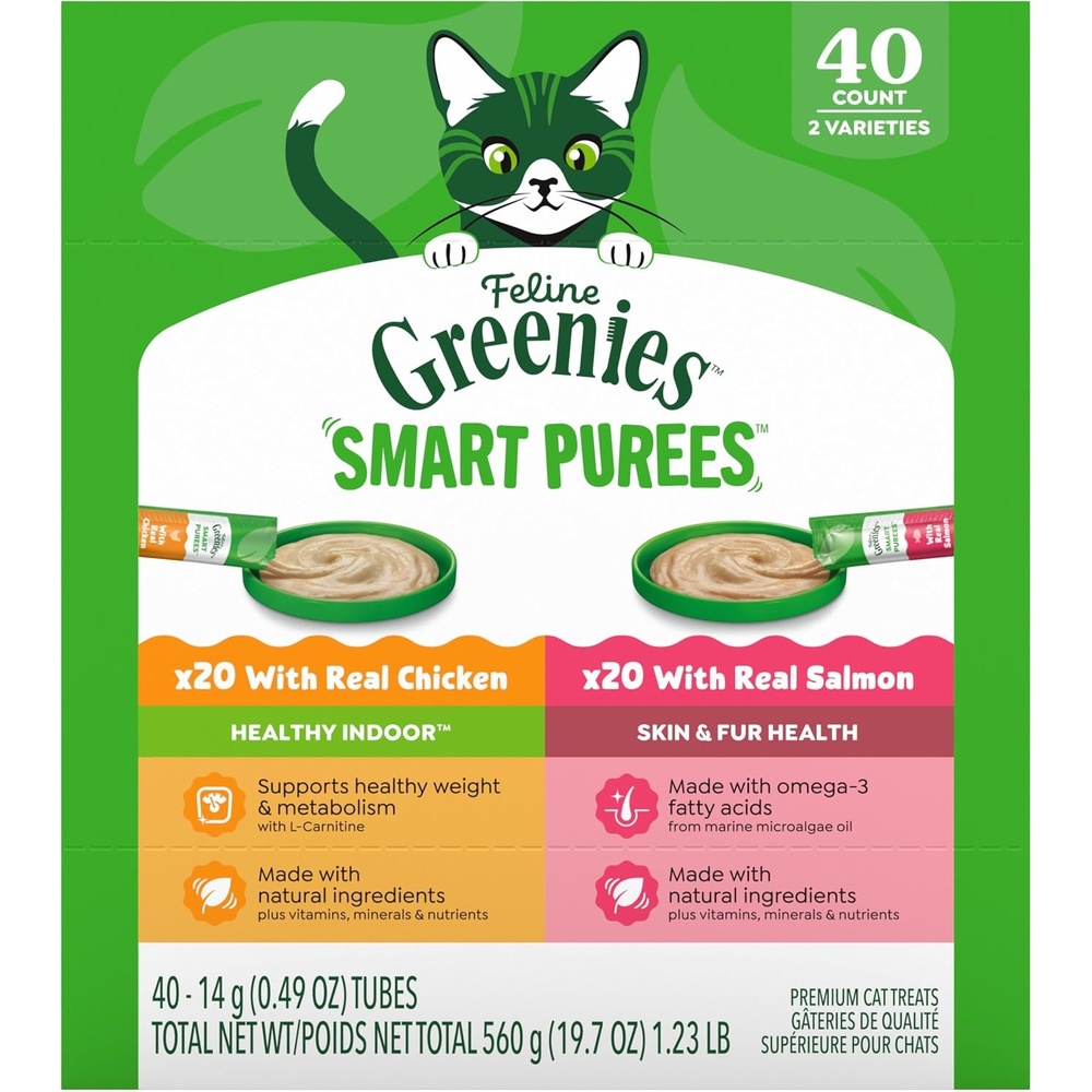 image:imageGreenies Feline Smart Purees Healthy Indoor and Skin amp Fur Health Lickable Cat Treats with Real Chicken with Real Salmon 049 oz Tubes 40 CountVariety Pack Chicken Salmon