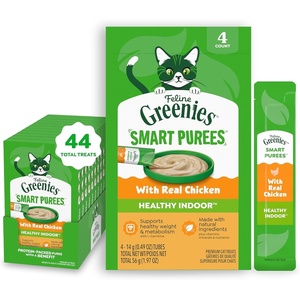 Greenies Feline Smart Purees Healthy Indoor and Skin & Fur Health Lickable Cat Treats, with Real Chicken, with Real Salmon, 0.49 oz. Tubes, 40 Count(Chicken)