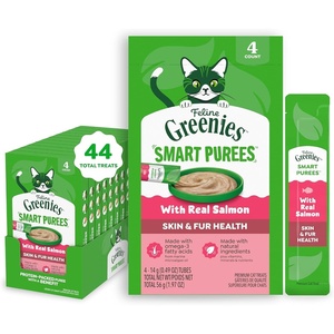 Greenies Feline Smart Purees Healthy Indoor and Skin & Fur Health Lickable Cat Treats, with Real Chicken, with Real Salmon, 0.49 oz. Tubes, 40 Count(Salmon)