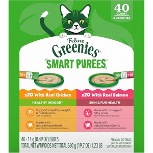 Greenies Feline Smart Purees Healthy Indoor and Skin & Fur Health Lickable Cat Treats, with Real Chicken, with Real Salmon, 0.49 oz. Tubes, 40 Count(Variety Pack: Chicken & Salmon)